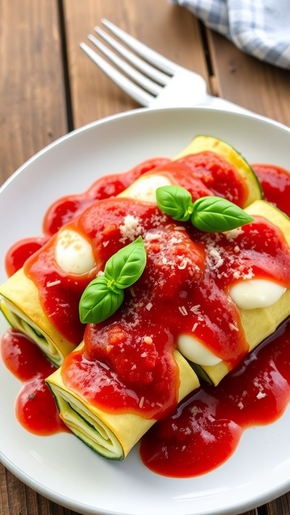 Zucchini Lasagna Roll-Ups Recipe Zucchini lasagna roll-ups topped with marinara sauce and melted cheese, served on a rustic plate.